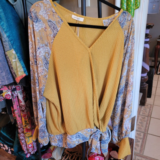 Yellow Floral Bell Sleeve Long Sleeve Large