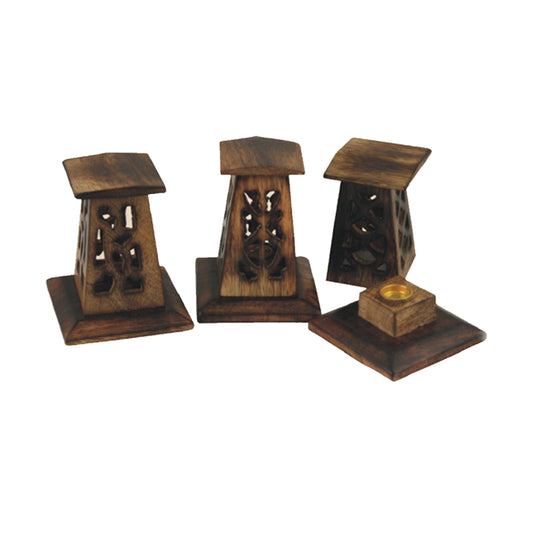 4" Carved Wooden Incense Cone Tower Set of 3